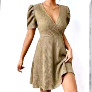 Shein Tan Plunging Neck Puff Sleeve Wrap Fit & Flare Dress Size XL